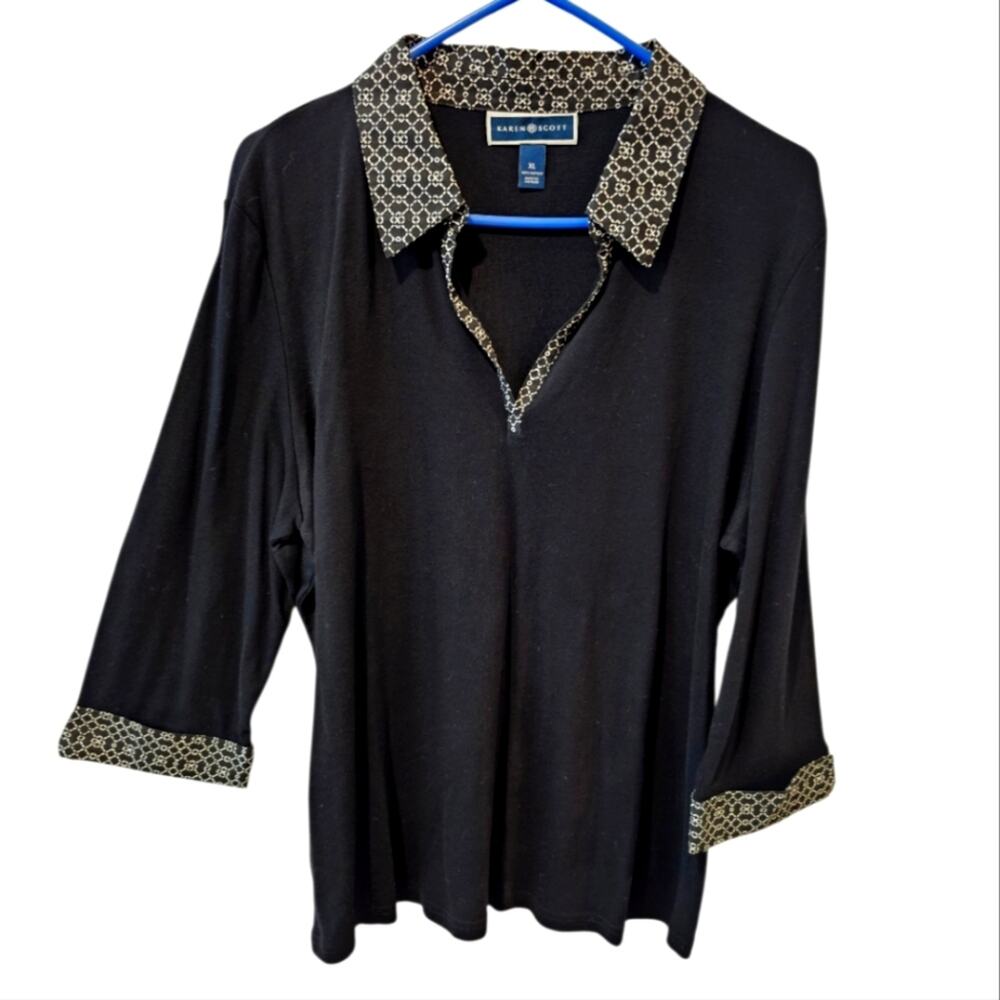 Karen Scott V Neck Black & White Collared 3/4 Sleeved 100% Cotton Blouse XL